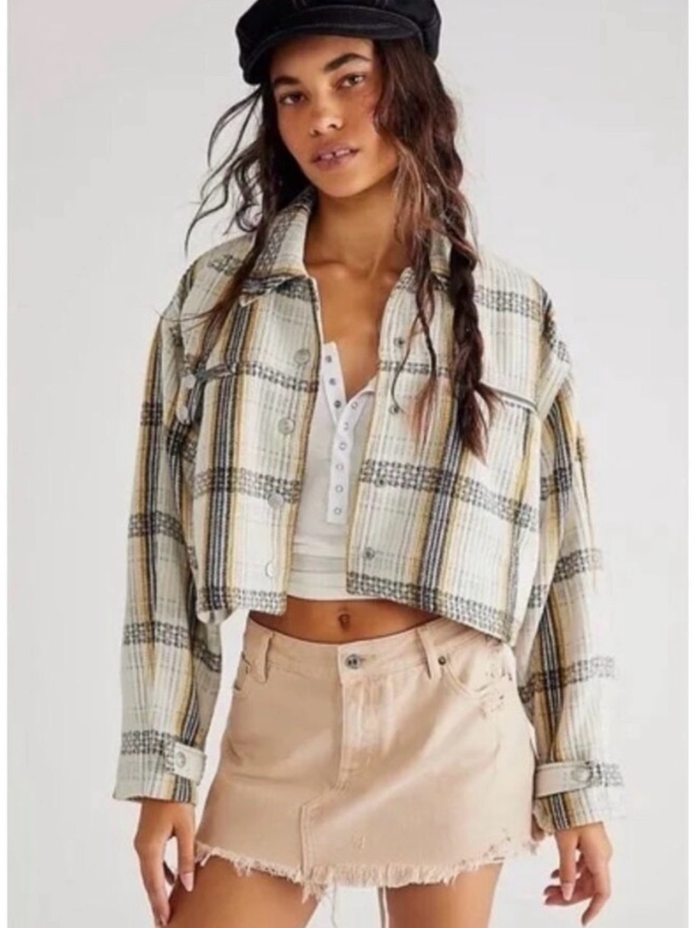 Free People Cropped Plaid Swing Flight Jacket Size L